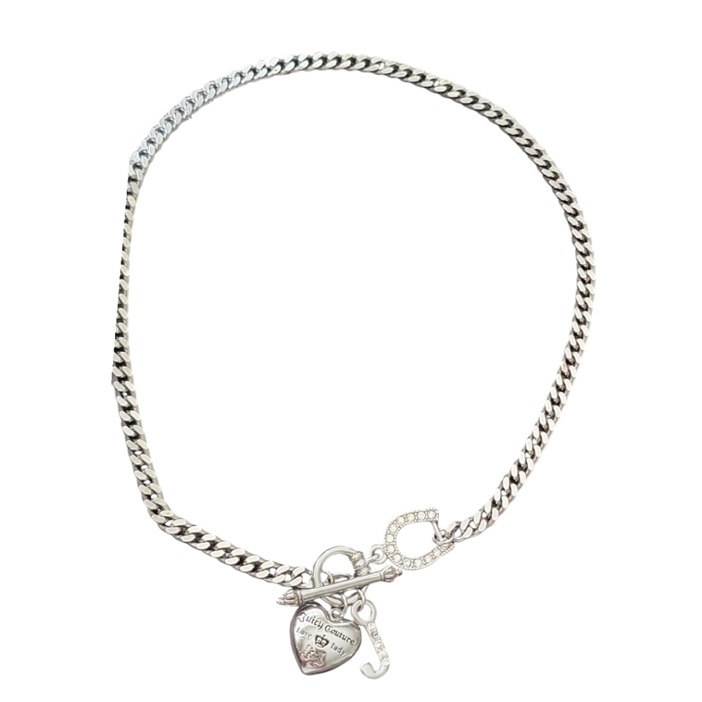 Vtg Silver Juicy Couture Toggle Necklace Silver Tone Puffy Heart Chunky Link - Picture 2 of 10